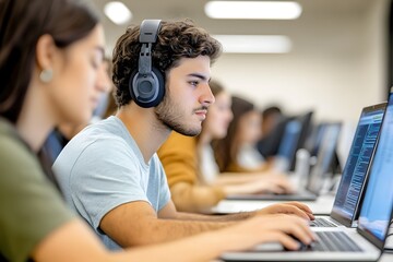 Diverse College Students Collaborating on Coding Project in Computer Lab