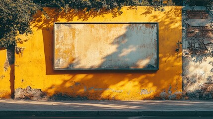 Blank billboard on yellow wall with tree shadow.