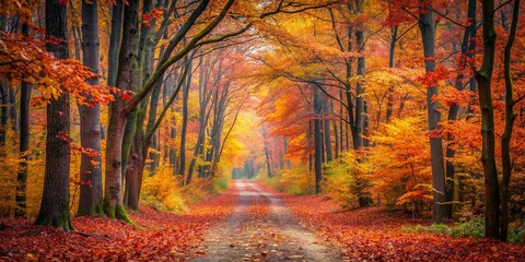 Fototapeta premium A winding path through a forest ablaze with the fiery hues of autumn, where sunlight filters through the canopy, casting a warm glow upon the carpet of fallen leaves.