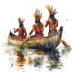 Obraz premium Watercolor Illustration of Indigenous People in a Canoe.