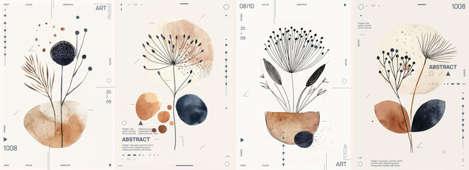Set of four modern abstract illustrations with plants and flowers, geometric shapes, circles and organic forms on a beige background. Watercolor paintings with earthy tones in a boho style.