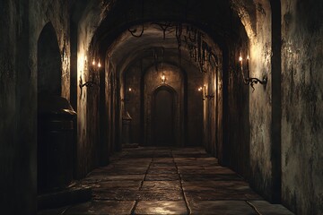 Fototapeta premium Dark, eerie corridor with flickering candlelight and stone walls.