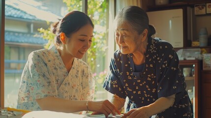 A British caregiver helping a Japanese elder with their daily routine, showing kindness and support