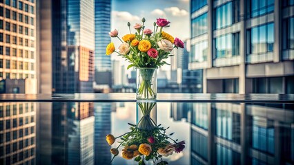 A Bouquet of Vibrant Blooms Reflects in the Glassy Surface of a Modern City Skyline