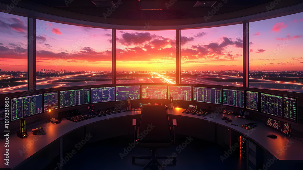 Poster control room with multiple screens overlooking a sunset view.