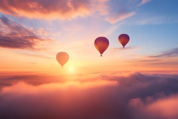 Obraz premium Breathtaking aerial perspective showcasing hot air balloons drifting gracefully across a dramatic,fiery sunset sky filled with vibrant colors and wispy clouds. This captivating.