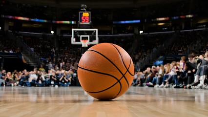 Closeup of basketball on floor of arena basketball court. ｜アリーナのバスケットボールコートの床に置かれたバスケットボールのクローズアップ。