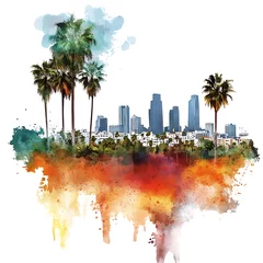 Watercolor Illustration of Palm Trees and City Skyline.