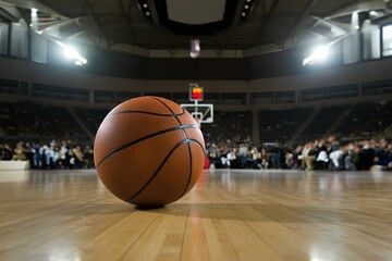 Naklejka premium Closeup of basketball on floor of arena basketball court. ｜アリーナのバスケットボールコートの床に置かれたバスケットボールのクローズアップ。