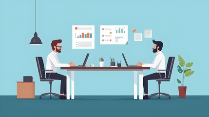 Fototapeta premium Business team working together analyzing financial charts and data in a flat design Concept of corporate meeting strategy planning data driven decision making and teamwork in the office environment
