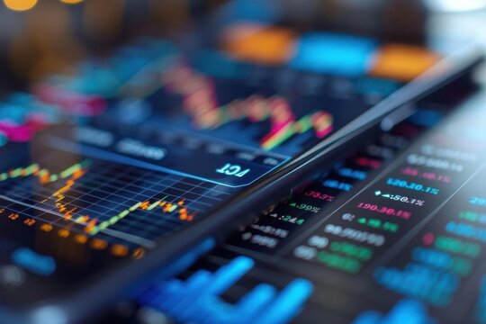 Close-up of a smartphone showing stock market charts and graphs, depicting financial data analysis and trading.