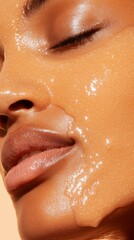 Fototapeta premium A woman with dry flaky skin applying a rich hydrating mask, focusing on her skin texture and the moisturizing process with a soft warm background for skincare.