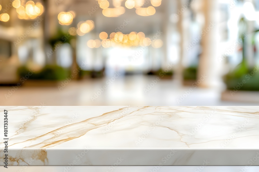 Poster empty marble table top with blurred spa interior bokeh backdrop for product display