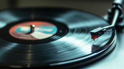 Zoomedin image of a vinyl record spinning, with focus on the needle as it glides over the grooves, capturing the texture of the vinyl