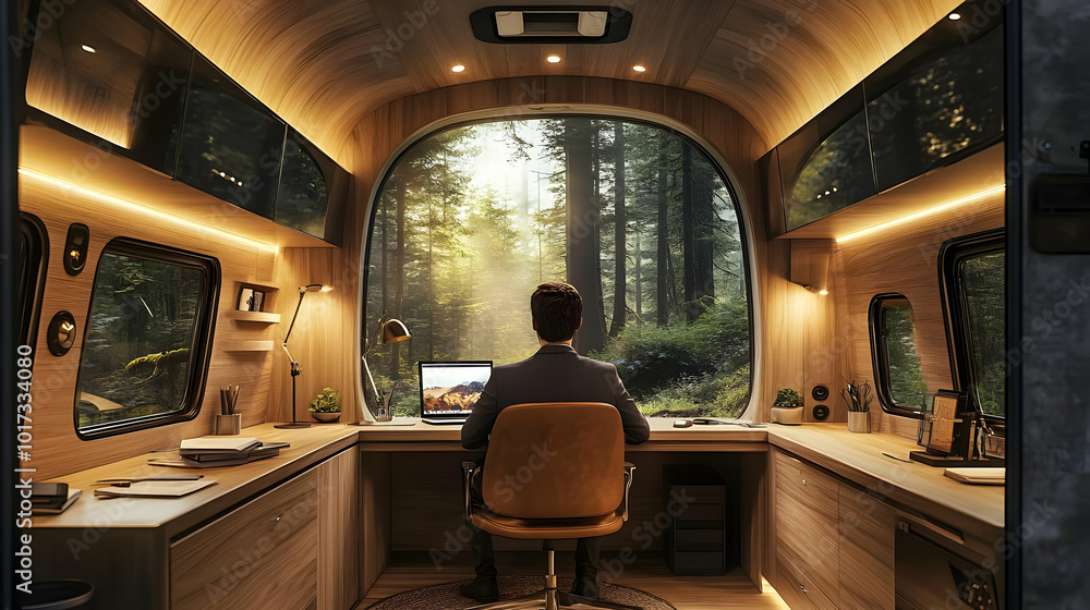 Aufkleber cozy workspace in a forested setting with a view of nature.