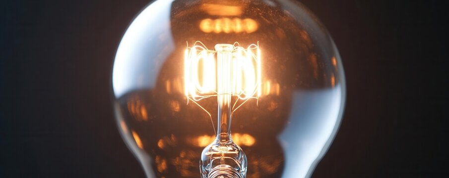 Closeup shot of a light bulb filament, zoomed in to reveal the fine wire coils glowing brightly within the bulb