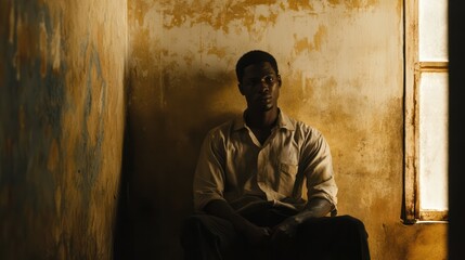 Obraz premium A Ghanaian and Cambodian man sitting alone in a quiet room, channeling their anger into deep introspection