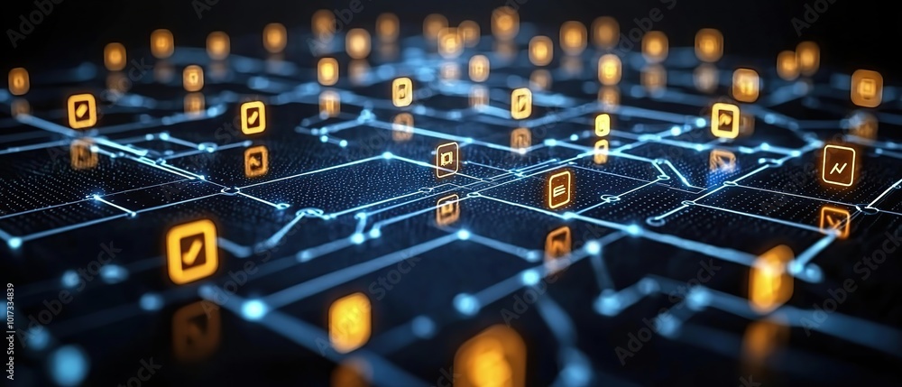Poster abstract digital network with glowing icons and lines.