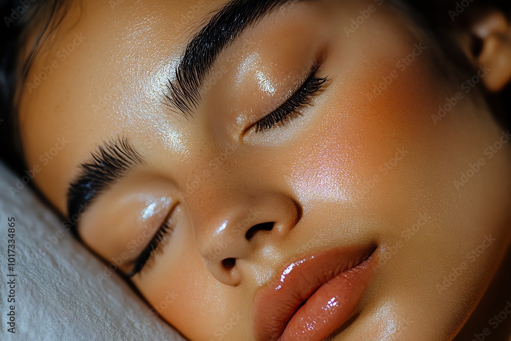 Poster Hyper-realistic close-up of a personâ€™s face in deep sleep, with every detail of their relaxed facial muscles and soft pillow visible