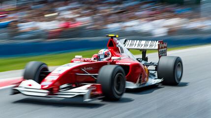 Vibrant Formula 1 race car speeding down a racetrack motion blur capturing the intense speed and power with a crowd of spectators cheering in the grandstands