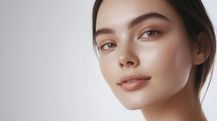 Fototapeta premium A model with soft, luminous skin looking at the camera with a relaxed expression, showcasing the results of a successful beauty clinic session, with minimalist decor