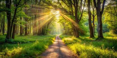 Fototapeta premium Sunbeams pierce through the canopy, illuminating a path leading into the heart of a verdant forest.