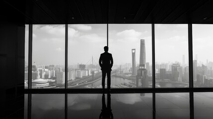 Fototapeta premium Silhouette of a businessman looking out office window at city skyline. Black and white image.