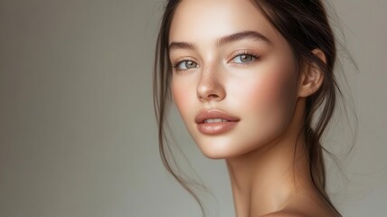 Naklejka premium Portrait of a young woman with glowing skin and natural makeup, looking confident and healthy, neutral background, soft lighting