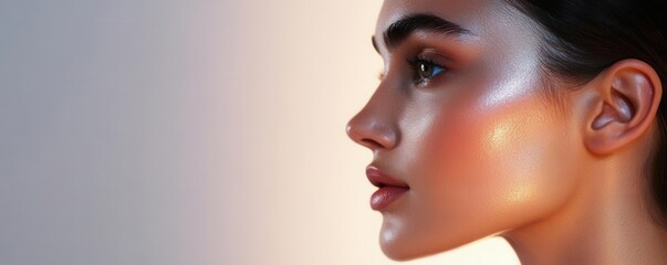 Profile view of a model with flawless skin, dewy and smooth texture, light catching on the cheekbones and brow, against a gradient backdrop from light to dark