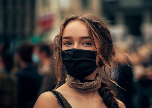 Young woman wearing a mask at a protest, Student wearing a mask at a protest march