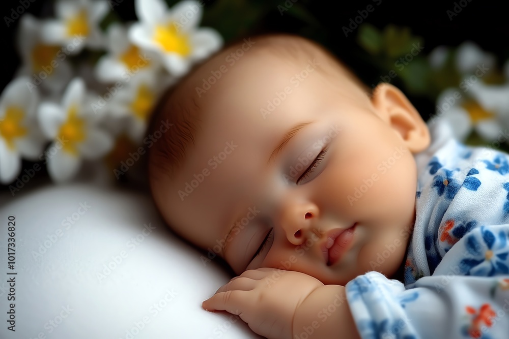 Poster hyper-realistic depiction of a baby sleeping soundly, capturing every tiny detail of the babyâ€™s fa