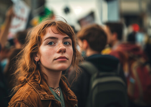 Young redhead woman looking back during a protest march, student looking defiant during a marching protest