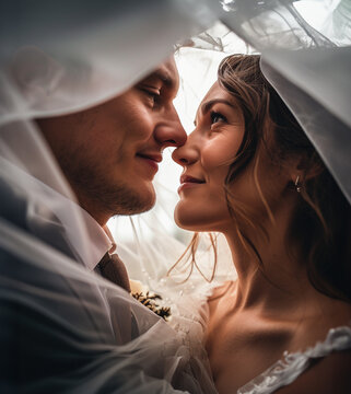 Newlyweds touching noses underneath the bride's veil, happy bride and groom have loving moment under brides veil, Unique wedding photo taken with veil in the wind