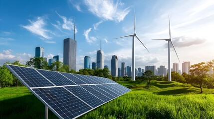 Renewable energy sources like solar panels and wind turbines seamlessly integrated into the backdrop of a vibrant city skyline