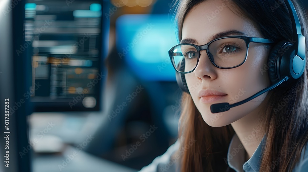 Poster close up view of a focused female technical support dispatcher working on a computer with a headset 