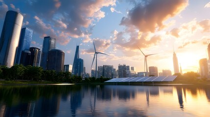 Naklejka premium Renewable Energy Powering Futuristic Smart City with Wind Turbines and Solar Panels Highlighting the Power of Clean Energy in Sustainable Urban Development
