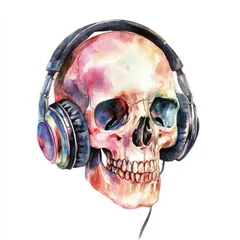 skull wearing headphone. Watercolor painting with color splash. The decoration element for Halloween.