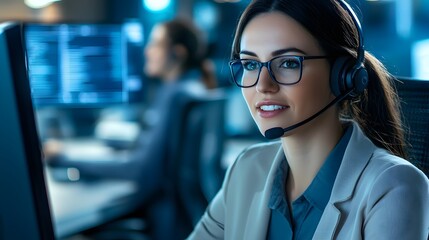 Fototapeta premium Close up of a professional female technical support dispatcher working on a computer with a headset delivering customer service in a modern monochromatic office setting