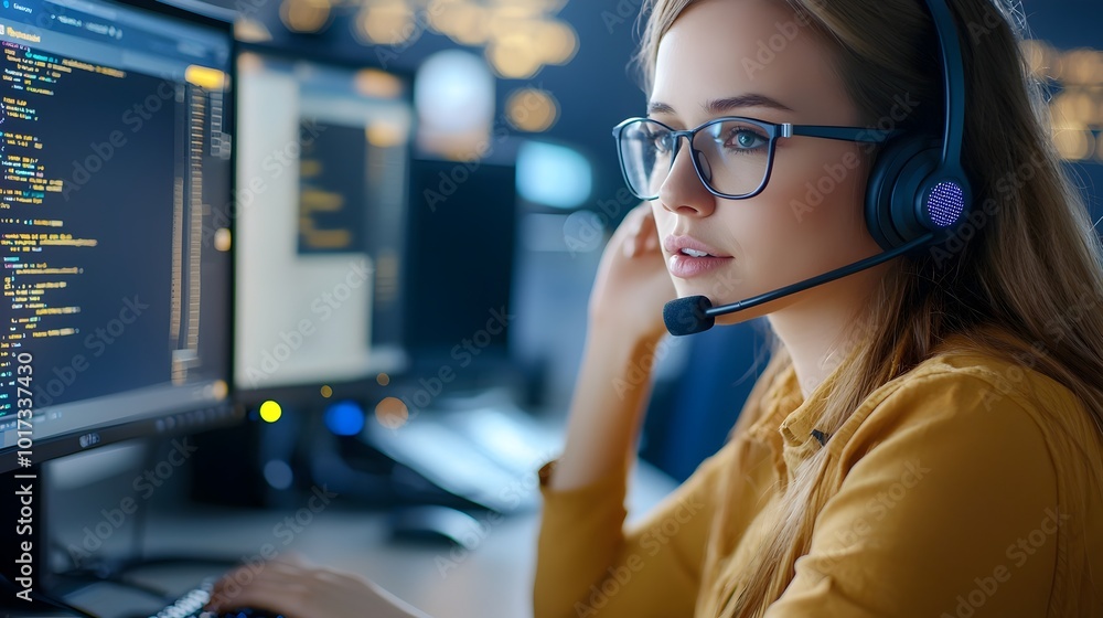 Poster close up of a young woman wearing a headset and using a computer focused on providing technical supp