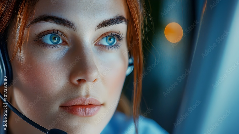 Poster portrait of a focused female technical support representative wearing headset and using computer to 