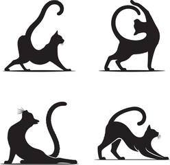 A stretching cat transitioning into a dance move vector style silhouette solid white background