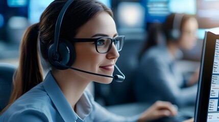Fototapeta premium Close up portrait of a young woman intently working at her computer while wearing a headset