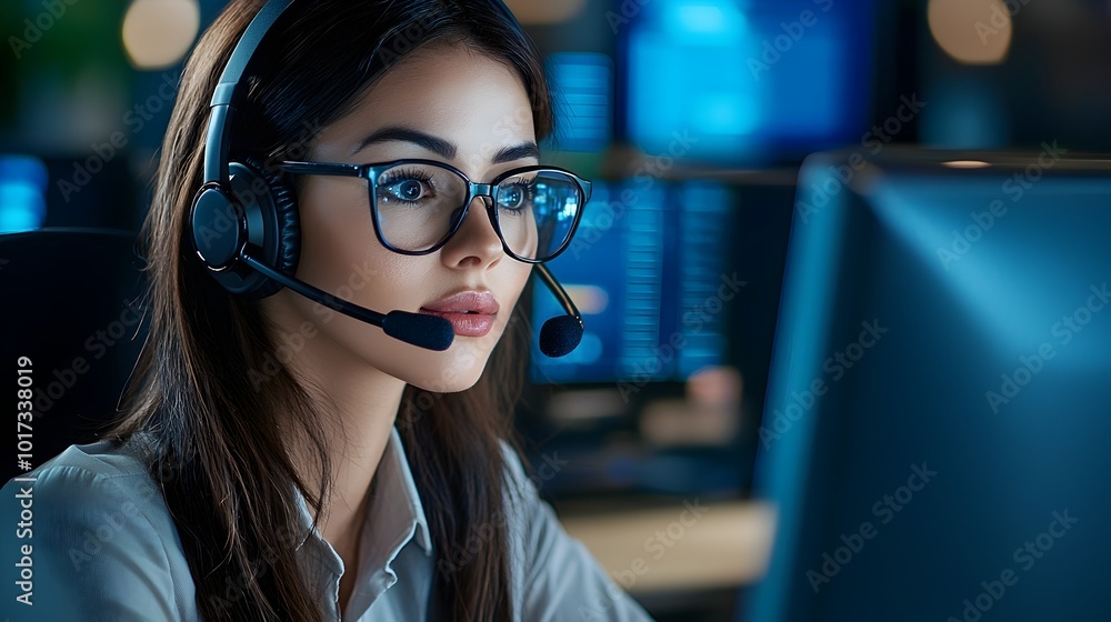 Poster professional female dispatcher providing exceptional customer support in futuristic call center envi