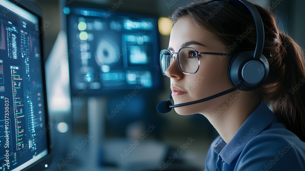 Poster focused female dispatcher providing efficient customer support in futuristic call center with headse