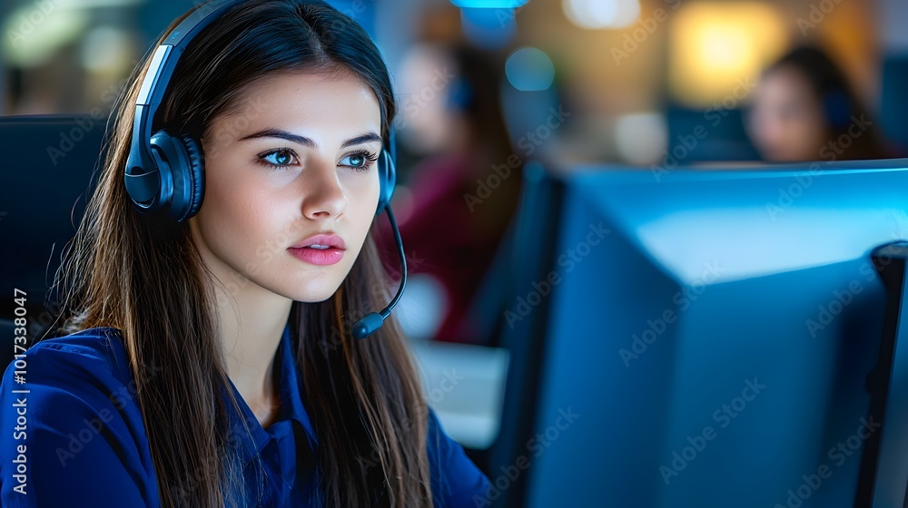 Poster close up portrait of a young female technical support dispatcher working in a modern call center wea