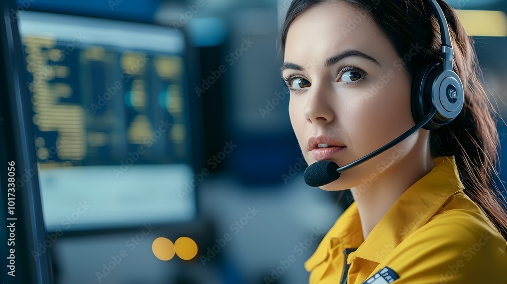 Poster focused and professional female dispatcher providing efficient customer support with headset and com