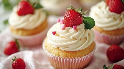 Strawberry Cupcakes with Whipped Cream and Heart Sprinkles