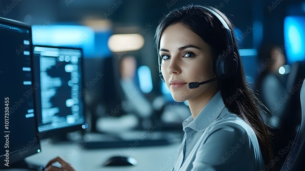 Poster close up shot of a focused technical support dispatcher working diligently on a computer with a head