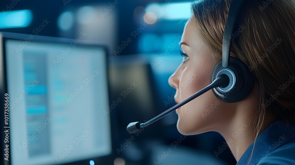 Poster close up shot of a young woman working in a call center wearing a headset and using a computer to pr