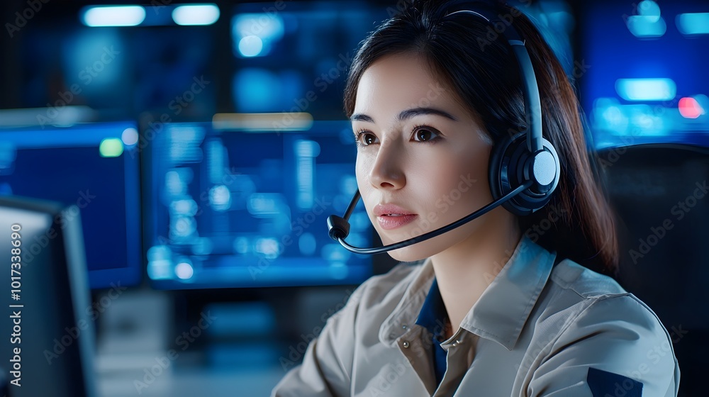 Poster professional female dispatcher in futuristic call center providing efficient customer support with h